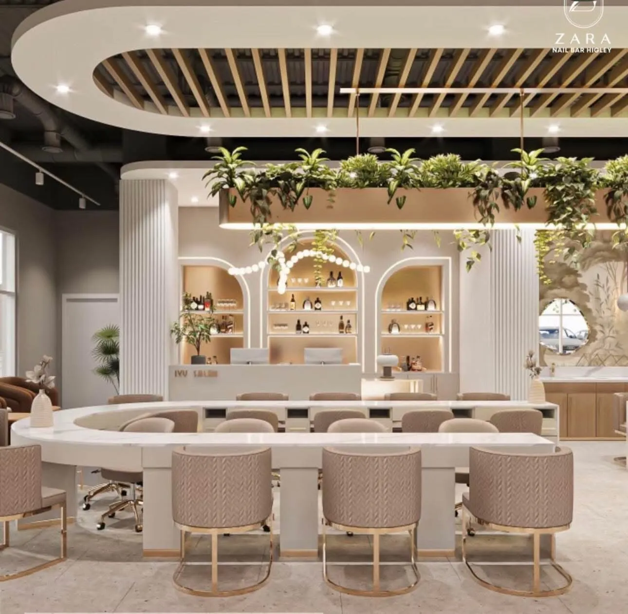 The manicure bar at Zara Nail Bar Higley: a curved marble counter with woven stools beneath an oval ceiling of slats and hanging greenery.